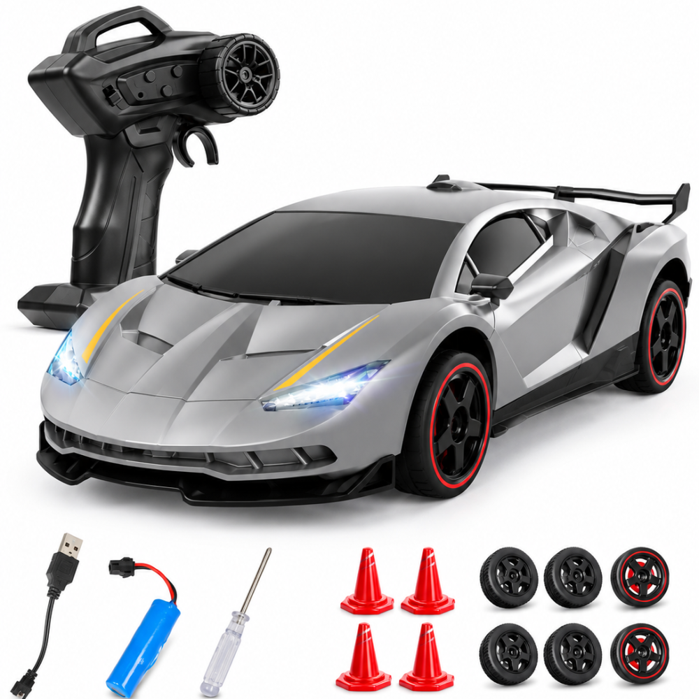 Scale High-Speed RC Racing Car – 4WD Remote Control Drift Car with Extra Tires & Accessories